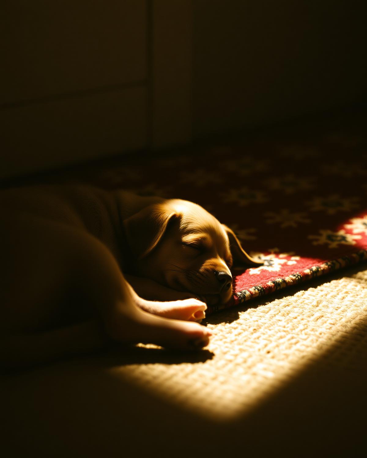 A puppy sleeping on a sunlit rug.