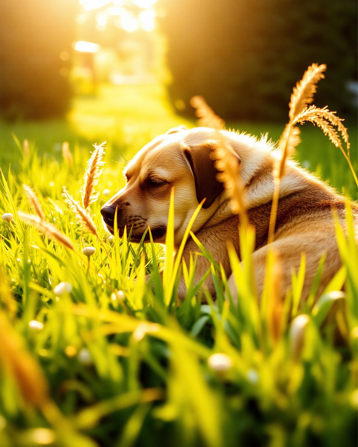 An older dog napping in a sunlit garden.
